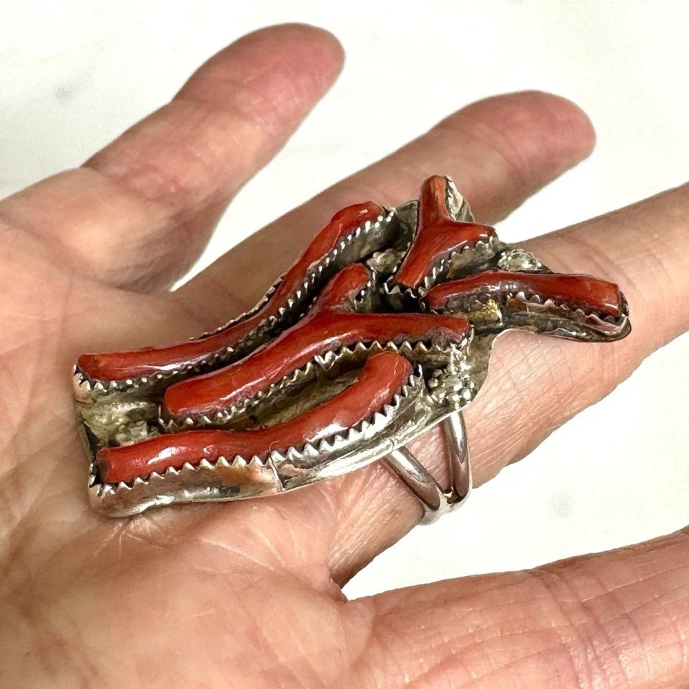 Navajo‎ Red Branch Coral Ring Sz 7 Sterling Signed Tsabetsaye Turquoise